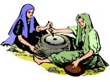 Two women milling flour using traditional grindstones
